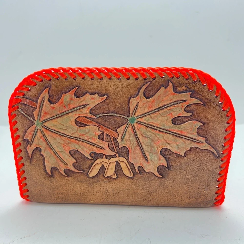 Vintage‎ Hand Tooled Leather Napkin Holder Oak Maple Leaf Neon Whipstitch Rustic